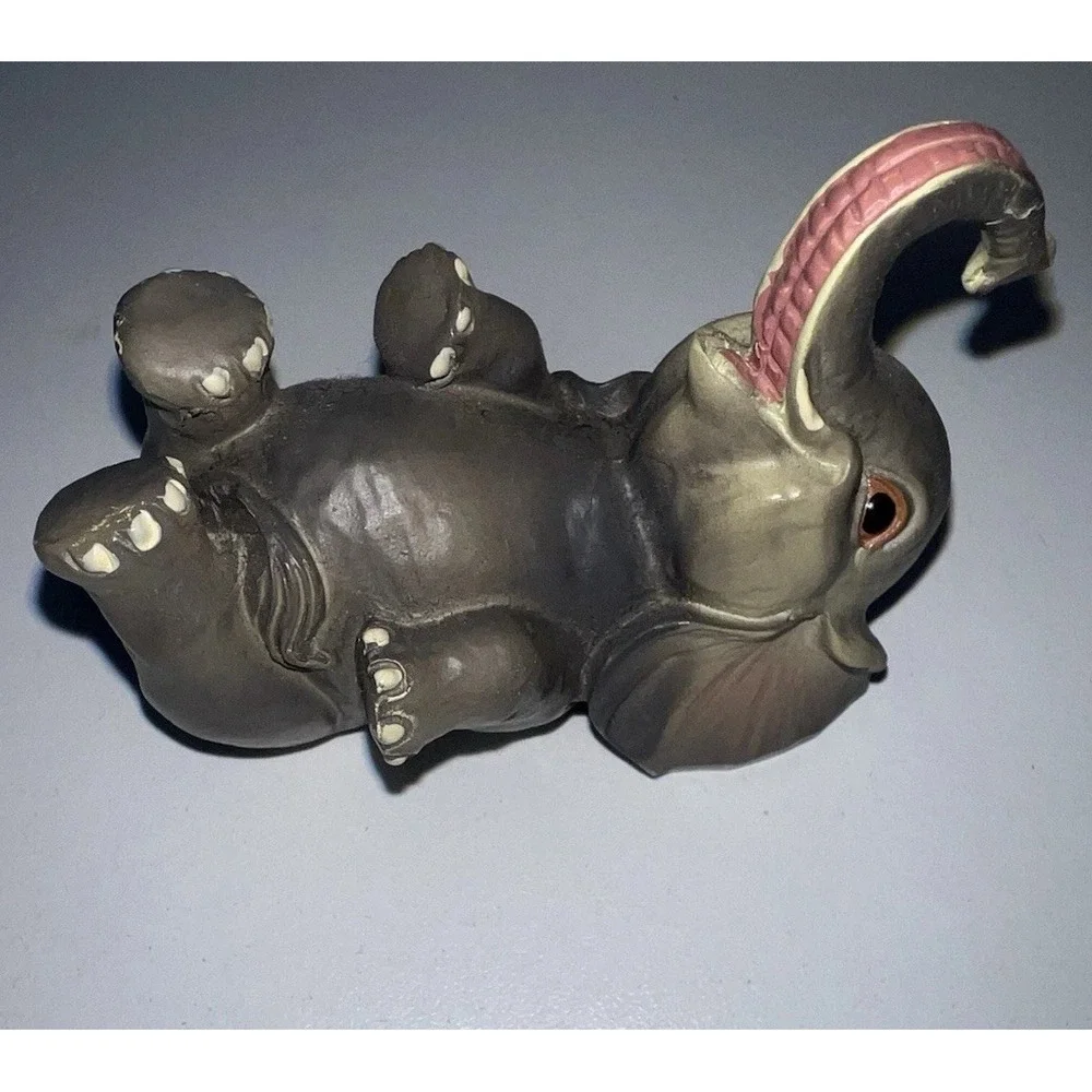 Hand Carved Mini Lucky Elephant Figurine Trunk Raised 3 Inch Gray 2007 Signed
